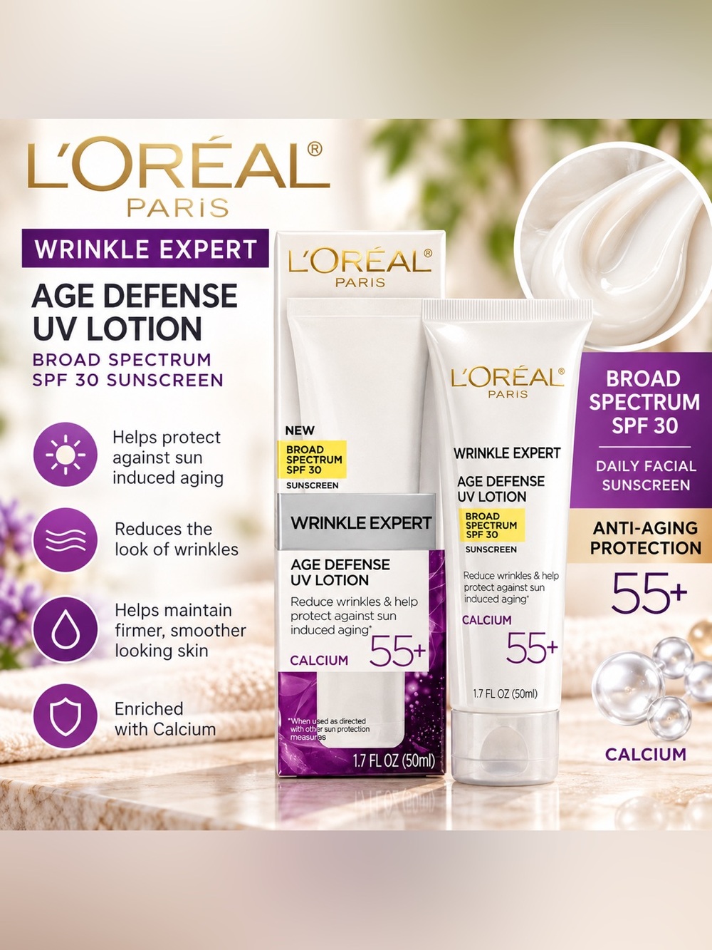 L'Oréal Paris Wrinkle Expert Age Defense UV Lotion SPF 30 SPF 30 Calcium 55+ NWT